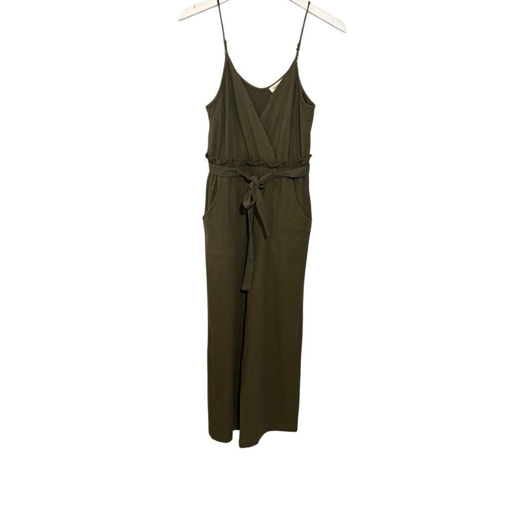 Monteau olive green linen blend jumpsuit with spaghetti straps - S